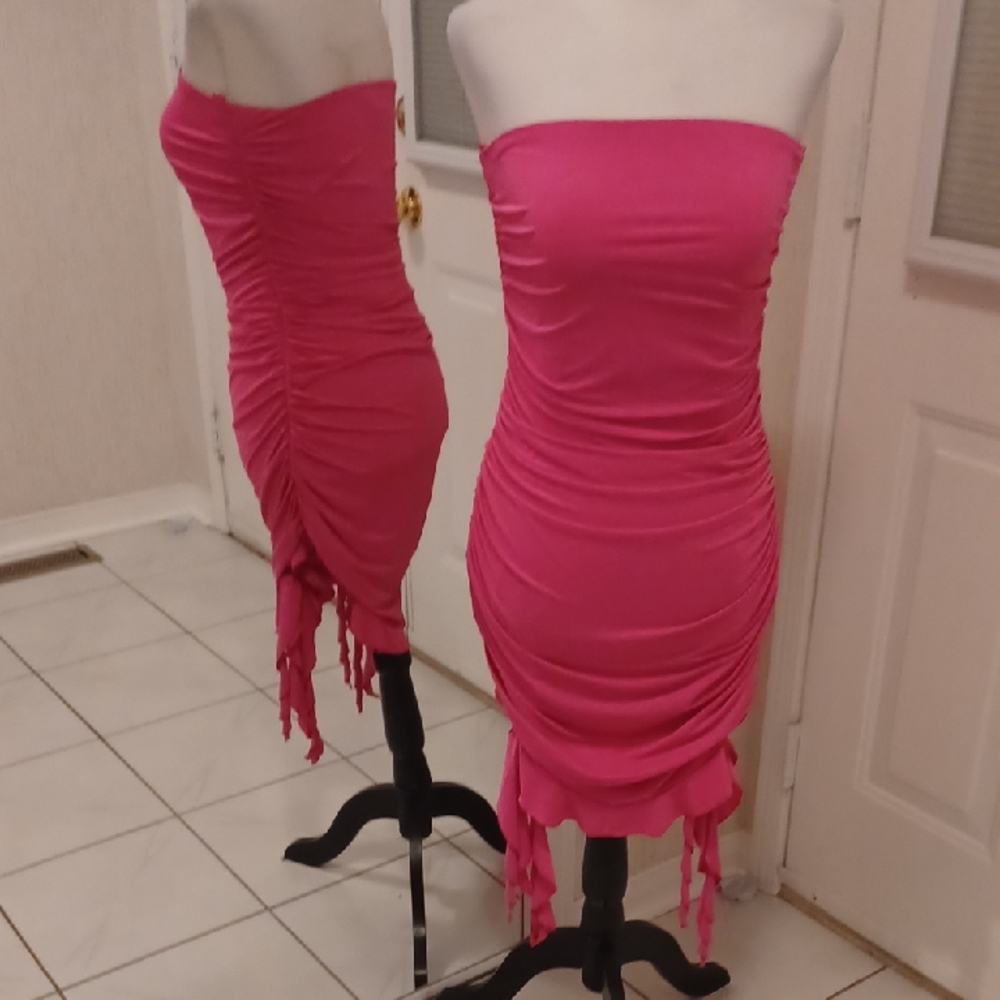 Hot Pink Strapless Bodycon Ruched Dress - Size Medium